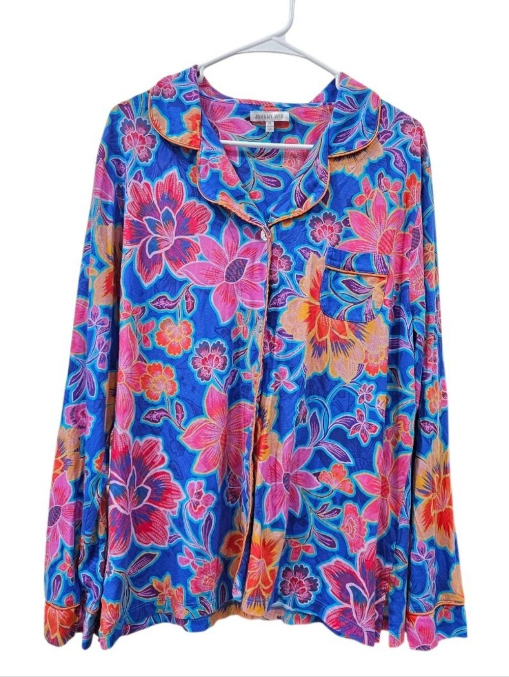 Johnny Was Daniela The Carly Pajama Top XL Blue Pink Floral Pima Cotton Modal
